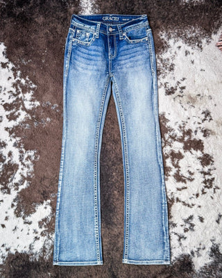 Dakota Jewel Bootcut Jeans in Medium Wash by Grace in LA – Apparel from Bronco Western Supply Co.