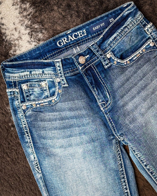 Dakota Jewel Bootcut Jeans in Medium Wash by Grace in LA – Apparel from Bronco Western Supply Co.
