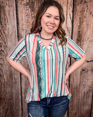 Dalia Mint and Coral Serape Print Short Sleeve V - Neck Top – Apparel from Bronco Western Supply Co.