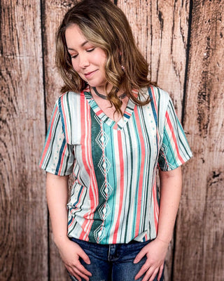 Dalia Mint and Coral Serape Print Short Sleeve V - Neck Top – Apparel from Bronco Western Supply Co.
