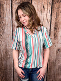 Dalia Mint and Coral Serape Print Short Sleeve V - Neck Top - Apparel - Lucky & Blessed - Bronco Western Supply Co.