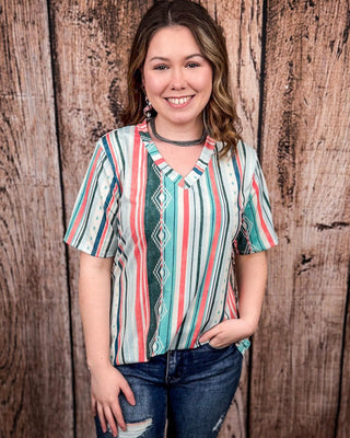 Dalia Mint and Coral Serape Print Short Sleeve V - Neck Top – Apparel from Bronco Western Supply Co.