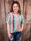 Dalia Mint and Coral Serape Print Short Sleeve V - Neck Top - Apparel - Lucky & Blessed - Bronco Western Supply Co.