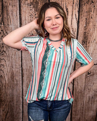 Dalia Mint and Coral Serape Print Short Sleeve V - Neck Top – Apparel from Bronco Western Supply Co.