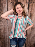 Dalia Mint and Coral Serape Print Short Sleeve V - Neck Top - Apparel - Lucky & Blessed - Bronco Western Supply Co.