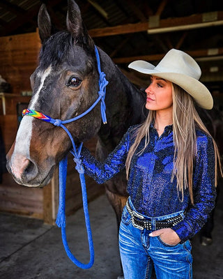 Deep Periwinkle Sequin Foil Metallic Pullover Button Up by Cowgirl Tuff – Apparel from Bronco Western Supply Co.