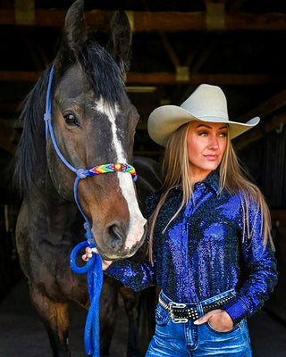 Deep Periwinkle Sequin Foil Metallic Pullover Button Up by Cowgirl Tuff – Apparel from Bronco Western Supply Co.