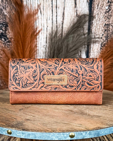 Delaney Tooled Wristlet Wallet in Brown by Wrangler - Purses & Wallets - Montana West - Bronco Western Supply Co.