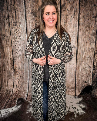 Delta Black and Ivory Aztec Long Sleeve Mesh Duster – Apparel from Bronco Western Supply Co.