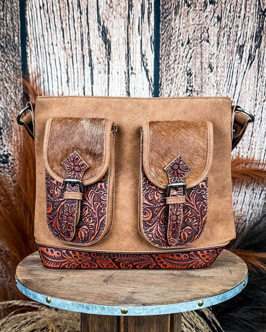 Desert Bloom Tooled Hairon Shoulder Bag in Brown by Trinity Ranch - Purses & Wallets - Montana West - Bronco Western Supply Co.