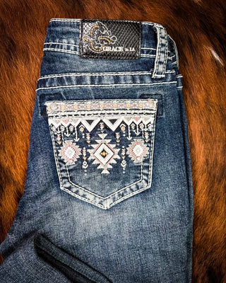 Desert Loom Aztec Bootcut Jeans in Dark Wash by Grace in LA – Apparel from Bronco Western Supply Co.