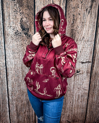 Desert Rodeo Graphic Hoodie – Burgundy Western Pullover – Apparel from Bronco Western Supply Co.