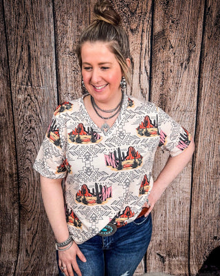 Dune Desert Print Short Sleeve V - Neck Top – Apparel from Bronco Western Supply Co.