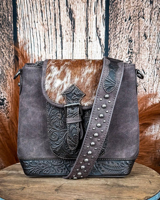 Dusty Trail Tooled Hairon Crossbody Bag in Coffee by Trinity Ranch – Purses & Wallets from Bronco Western Supply Co.