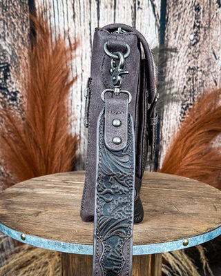 Dusty Trail Tooled Hairon Crossbody Bag in Coffee by Trinity Ranch – Purses & Wallets from Bronco Western Supply Co.