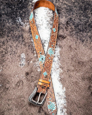 Dyani - Brown and Turquoise Aztec Hooey belt – Accessories from Bronco Western Supply Co.