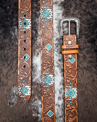 Dyani - Brown and Turquoise Aztec Hooey belt – Accessories from Bronco Western Supply Co.