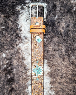 Dyani - Brown and Turquoise Aztec Hooey belt – Accessories from Bronco Western Supply Co.