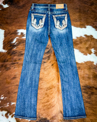 Copper Scroll Embroidered Bootcut Jeans in Dark Wash by Grace in LA