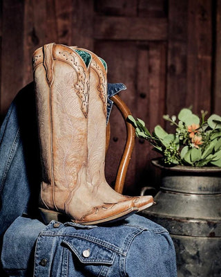 Feathered Wisp Tall Snip Toe Boots in Sand by Corral Boots – Women's Boots from Bronco Western Supply Co.