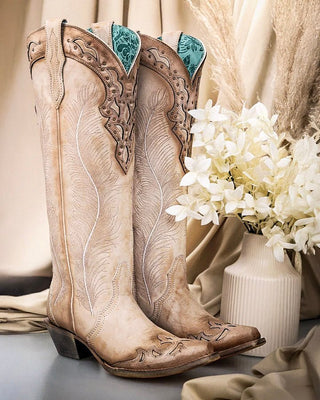 Feathered Wisp Tall Snip Toe Boots in Sand by Corral Boots – Women's Boots from Bronco Western Supply Co.