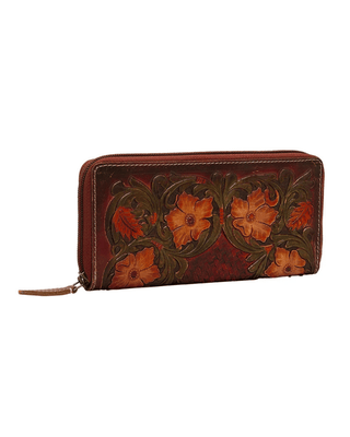 A reddish-brown leather zip-around wallet featuring hand-painted orange flowers and green leaves on the front, shown against a plain white background.