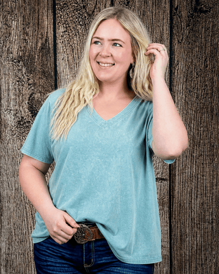Frisco Acid Wash V - Neck Tee in Dusty Teal – Apparel from Bronco Western Supply Co.