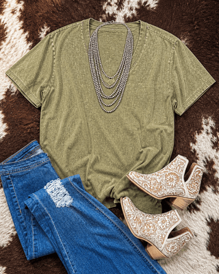 Frisco Acid Wash V - Neck Tee in Light Olive – Apparel from Bronco Western Supply Co.