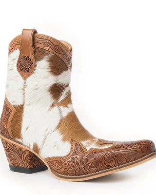 Brown and white cowhide cowboy boot with intricate leatherwork on a white background