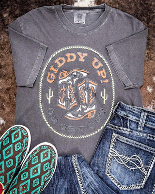 Giddy Up or Get Out Graphic Tee - Pepper – Shirts & Tops from Bronco Western Supply Co.