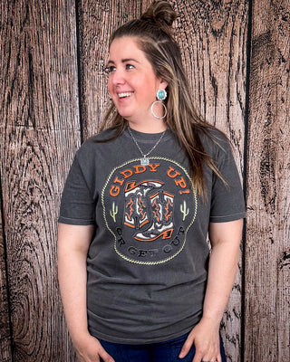 Giddy Up or Get Out Graphic Tee - Pepper – Shirts & Tops from Bronco Western Supply Co.