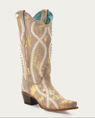 Corral Z5246 golden tan snip toe boot with white embroidery, crystals and studs, full three-quarter view