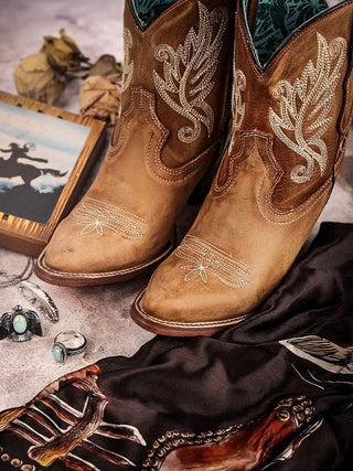 Gilded Juniper Embroidered J Toe Ankle Boots in Golden Tan by Corral Boots – Women's Boots from Bronco Western Supply Co.