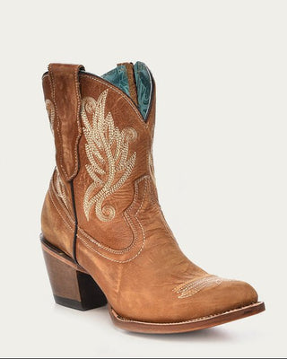 Corral A4218 golden tan J toe ankle boot with pale embroidery, full three-quarter view