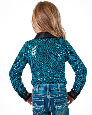 Girls' Aqua Sequin Swirls Black Jersey Pullover Button Up by Cowgirl Tuff – Apparel from Bronco Western Supply Co.