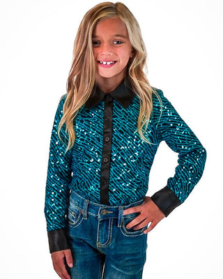 Girls' Aqua Sequin Swirls Black Jersey Pullover Button Up by Cowgirl Tuff – Apparel from Bronco Western Supply Co.