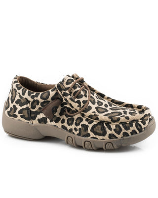 Chillin Leopard Little Kids moc shoe by Roper in tan leopard-print canvas, showing a stitched moc toe, brown elastic laces and a flexible sole
