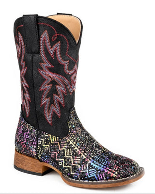 Girl's Glitter Aztec II boots by Roper, side view showing the black stitched shaft, multicolor glitter Aztec vamp, wide square toe and low heel