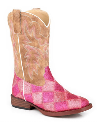 Glitter Blocks Little Kids boot by Roper showing pink glitter patchwork across the vamp, a vintage tan stitched shaft, white piping and a wide square toe