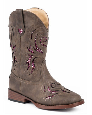 Glitter Breeze Little Kids boot by Roper in brown faux leather with pink glitter cutouts, heart details on the pull tabs and a wide square toe