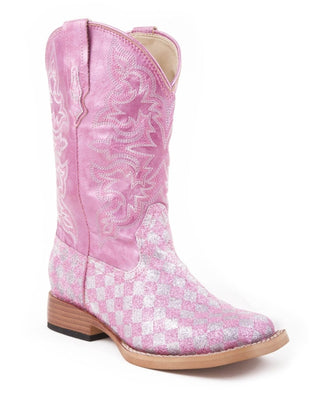 Glitter Check Little Kids boot by Roper with a pink and metallic checkerboard glitter vamp, metallic pink faux leather shaft and contrasting western stitching
