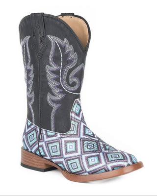 Glitter Diamonds Little Kids boot by Roper with a purple and blue geometric glitter vamp, black faux leather shaft, western stitching and square toe