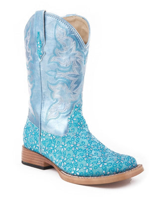 Glitter Flower Little Kids boot by Roper with a turquoise floral glitter vamp, metallic blue faux leather shaft, contrasting western stitching and square toe