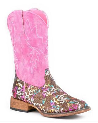 Girl's Glitter Rose boots by Roper, side view showing the pink stitched shaft, bronze floral glitter vamp, wide square toe and low heel