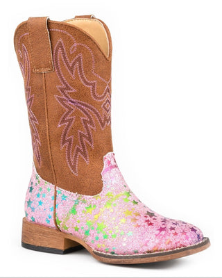 Girl's Glitter Stars boots by Roper, side view showing the brown stitched shaft, pink glitter vamp with multicolor stars, wide square toe and low heel