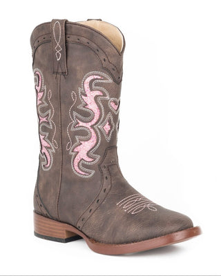 Lexi Little Kids boot by Roper in brown faux leather with pink glitter underlays, contrasting stitching, decorative cutouts and a square toe