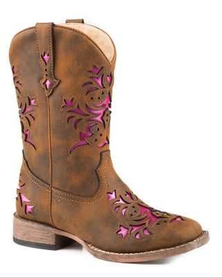 Girl's Lola boots by Roper, side view showing vintage brown faux leather with decorative cutouts and pink metallic underlay, a wide square toe and low heel