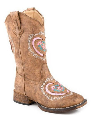 Lydia Little Kids boot by Roper in vintage tan faux leather, showing pink glitter hearts, floral embroidery and contrasting stitching on the shaft and vamp