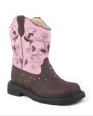 Girl's Little Kids Saddle Light boot by Roper in an angled view, showing a brown faux leather foot, pink floral stitched shaft, stud accents and chunky black outsole