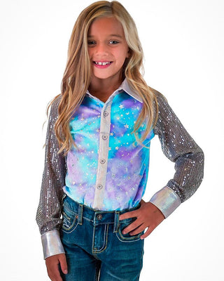 Girl's Purple and Teal Star Velour Pullover Button Up by Cowgirl Tuff – Apparel from Bronco Western Supply Co.